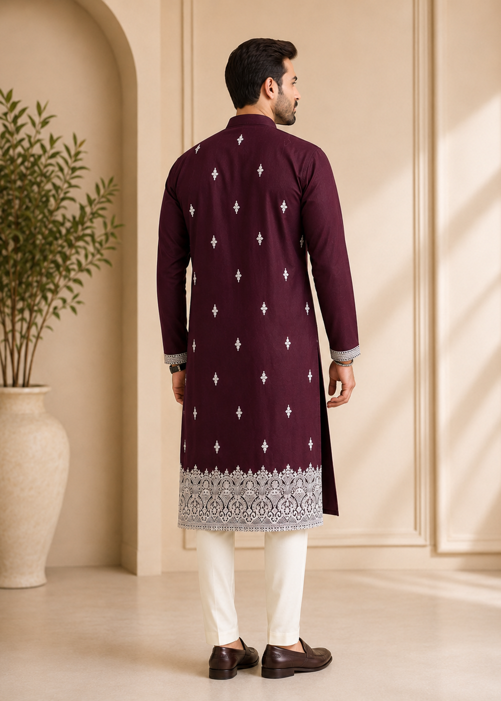 Men Maroon Embroidered Kurta Trouser Set