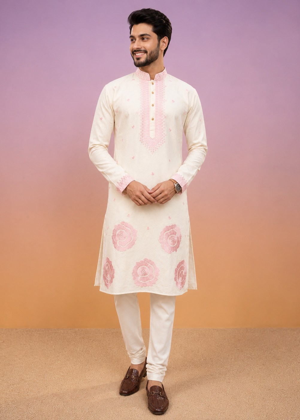 Men Rose Embroidered Kurta Trouser Set