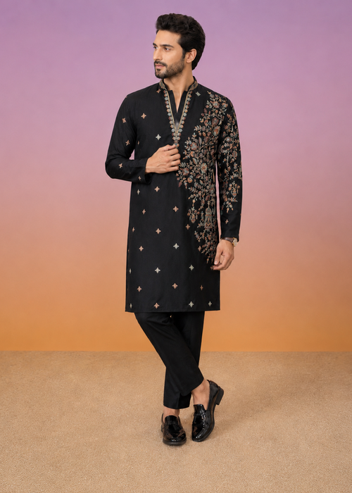 Black Embroidered Kurta with Cream Trouser Set