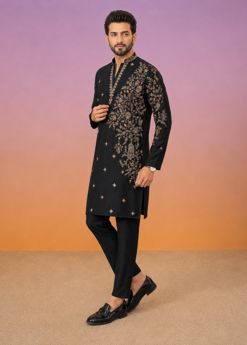 Black Embroidered Kurta with Cream Trouser Set