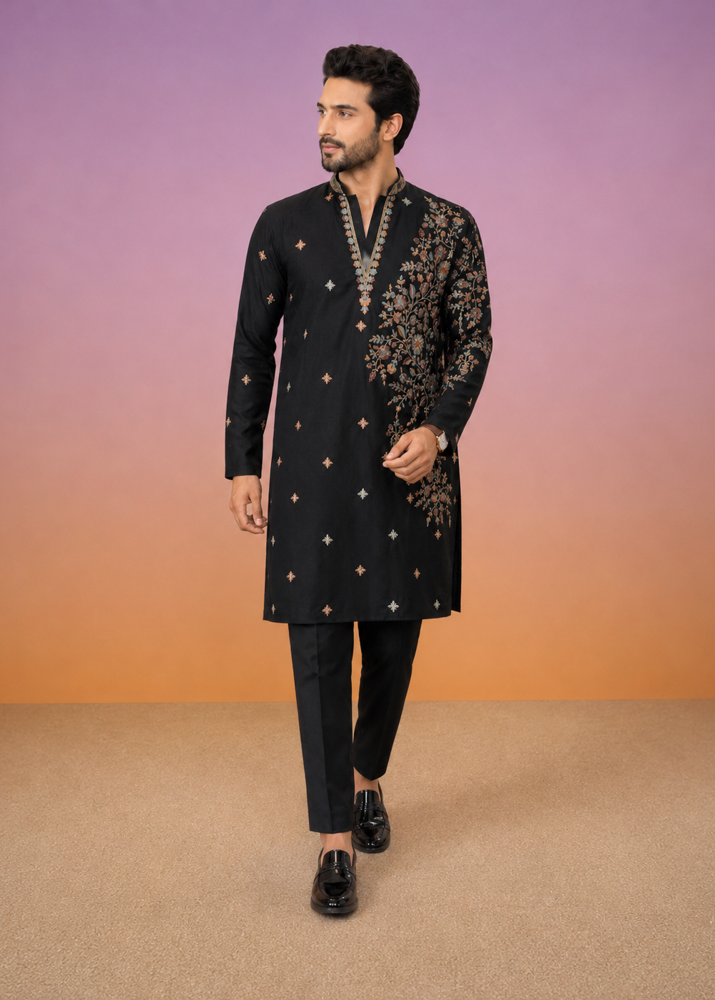 Black Embroidered Kurta with Cream Trouser Set