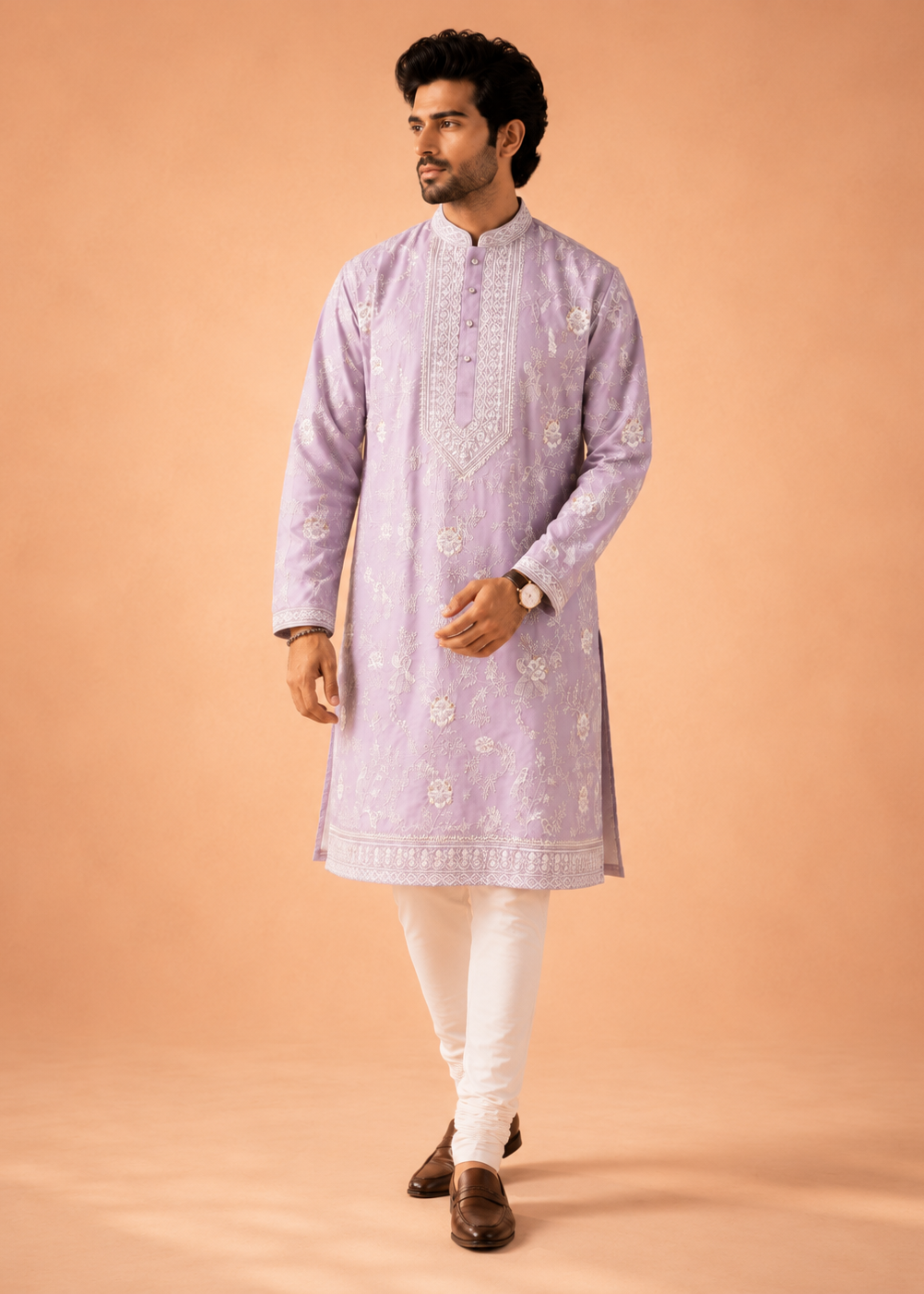 Lilac White Embroidered Kurta Trouser  Set