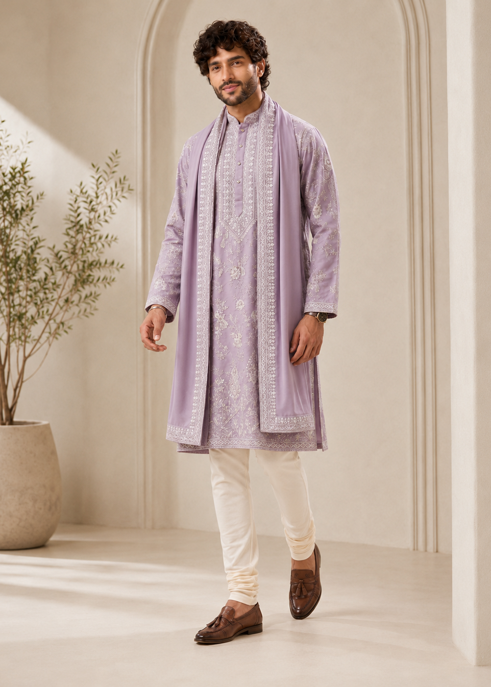 Men Lilac Kurta Trouser with  Dupatta Set