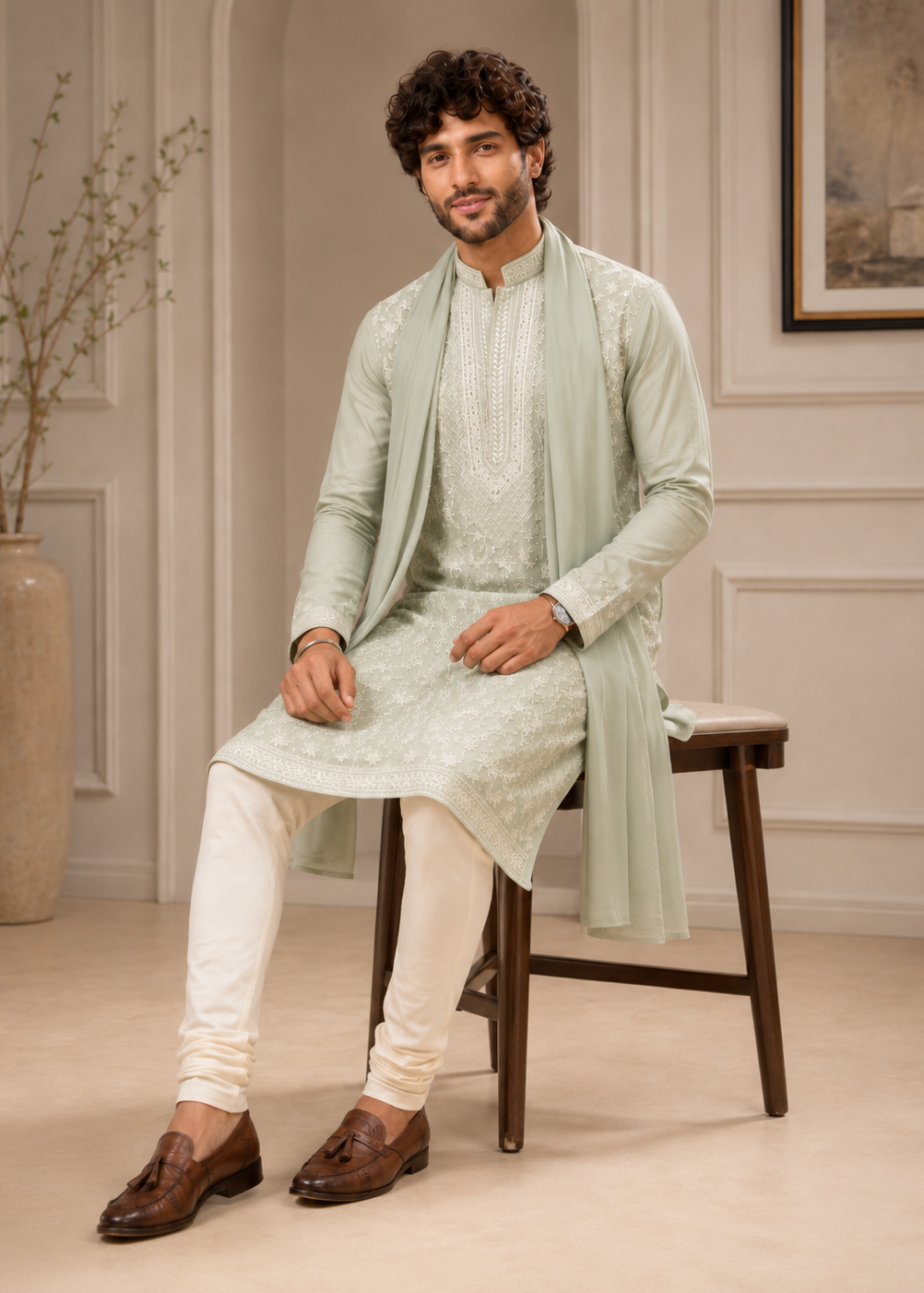 Sage Green Threadwork Kurta Trouser with Dupatta Set