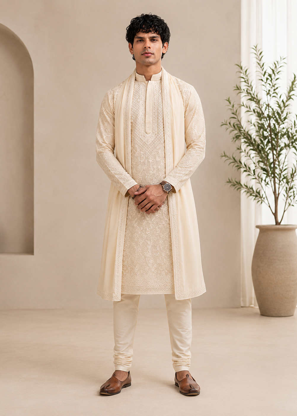 Off White Chikankari Embroidered Kurta Trouser with Dupatta  Set