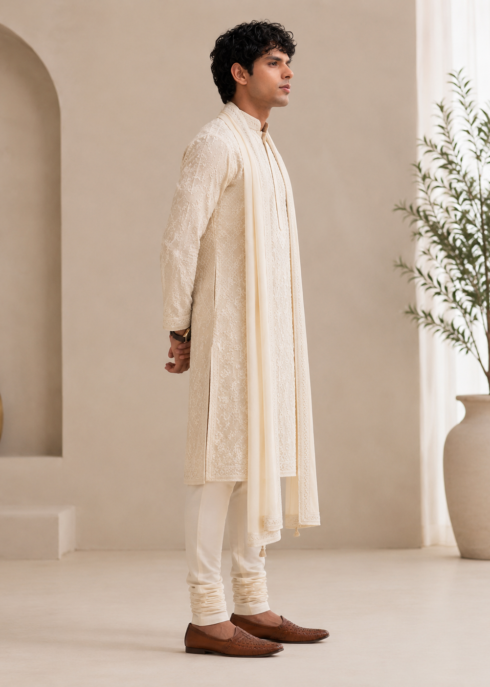 Off White Chikankari Embroidered Kurta Trouser with Dupatta  Set