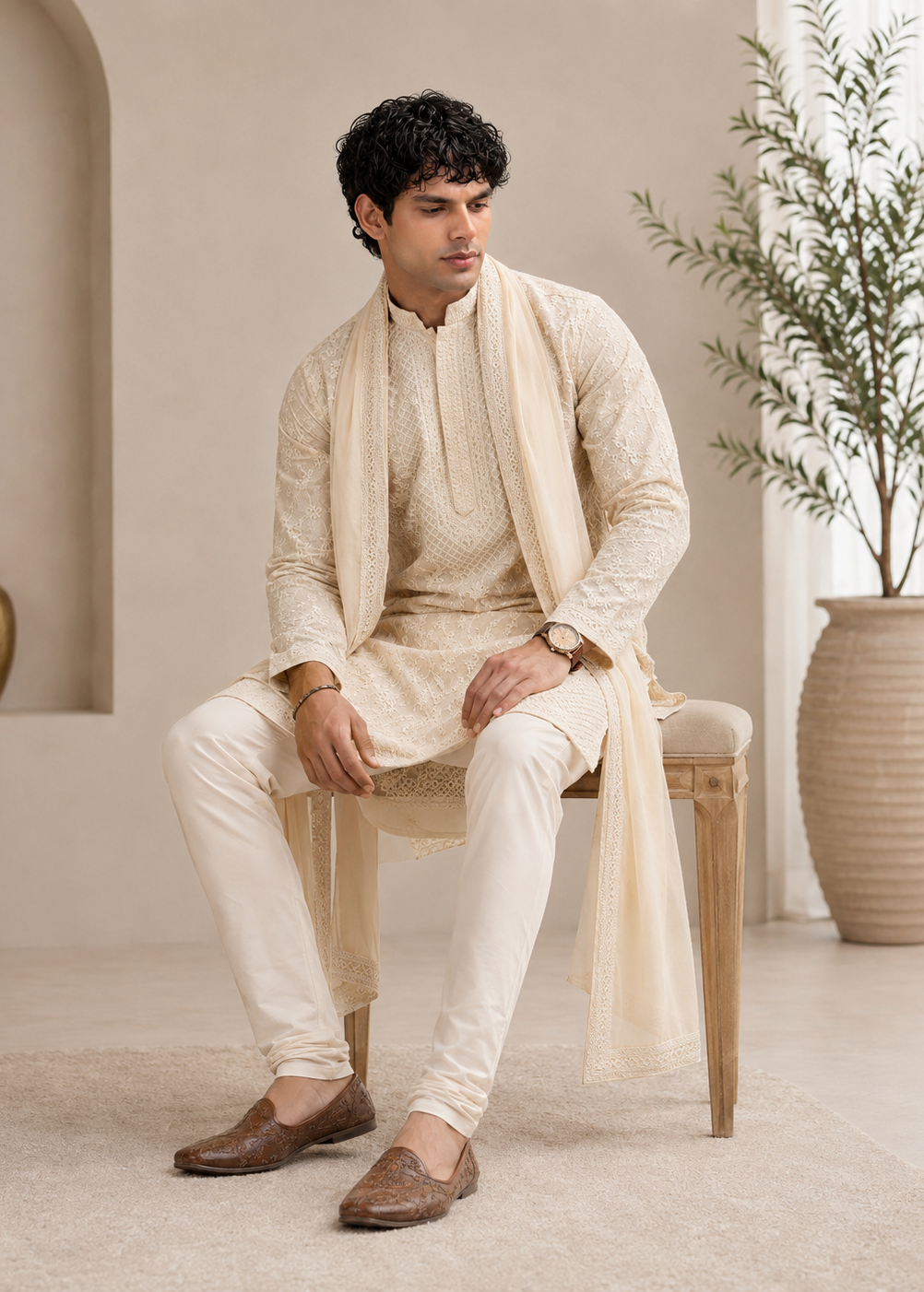 Off White Chikankari Embroidered Kurta Trouser with Dupatta  Set