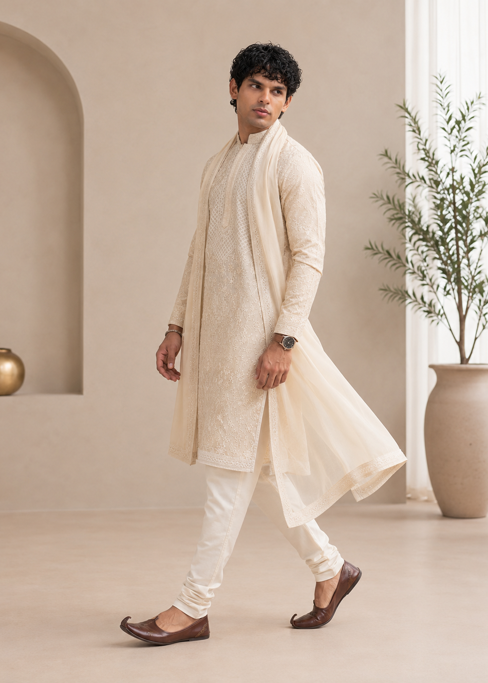 Off White Chikankari Embroidered Kurta Trouser with Dupatta  Set
