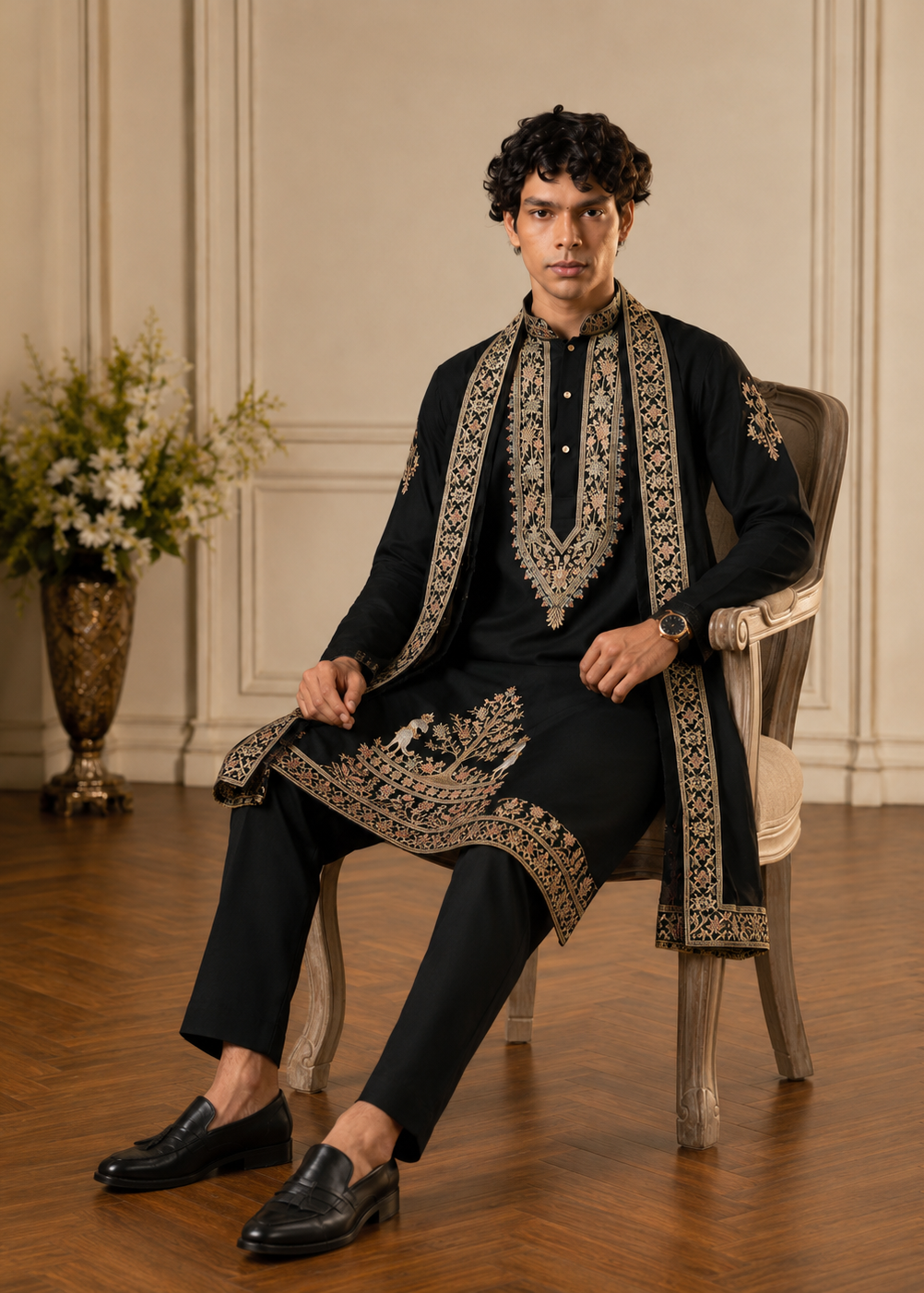 Men Black Cotton Embroidered Kurta Trouser with Dupatta Set