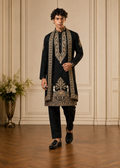 Men Black Cotton Embroidered Kurta Trouser with Dupatta Set