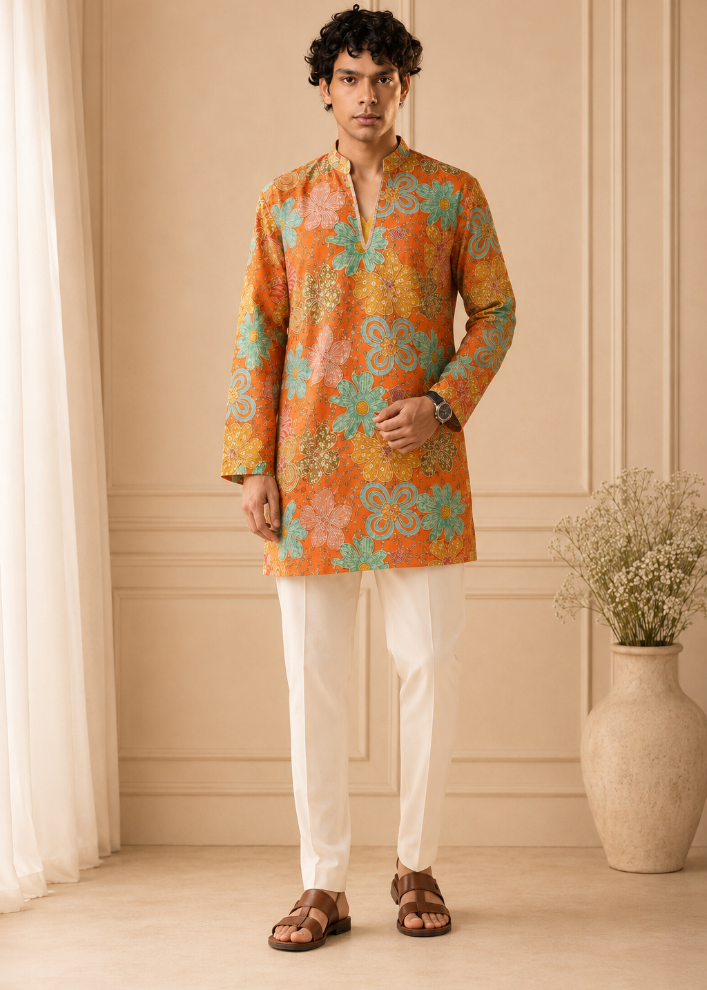 Men Orange Multicolor Floral Kurta Trouser Set