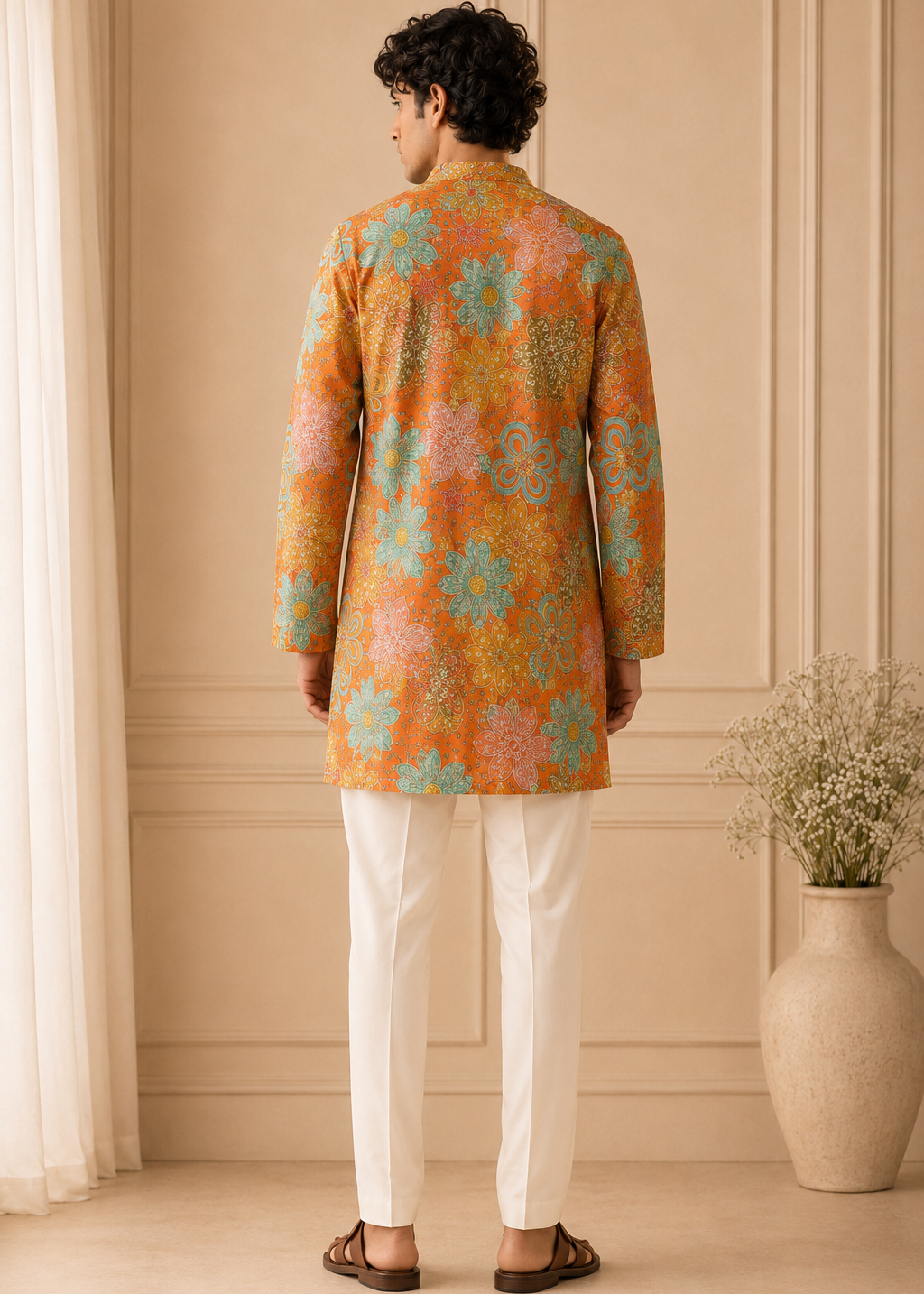 Men Orange Multicolor Floral Kurta Trouser Set