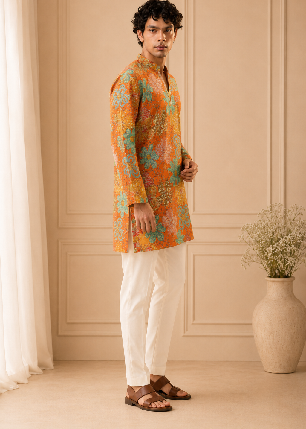 Men Orange Multicolor Floral Kurta Trouser Set