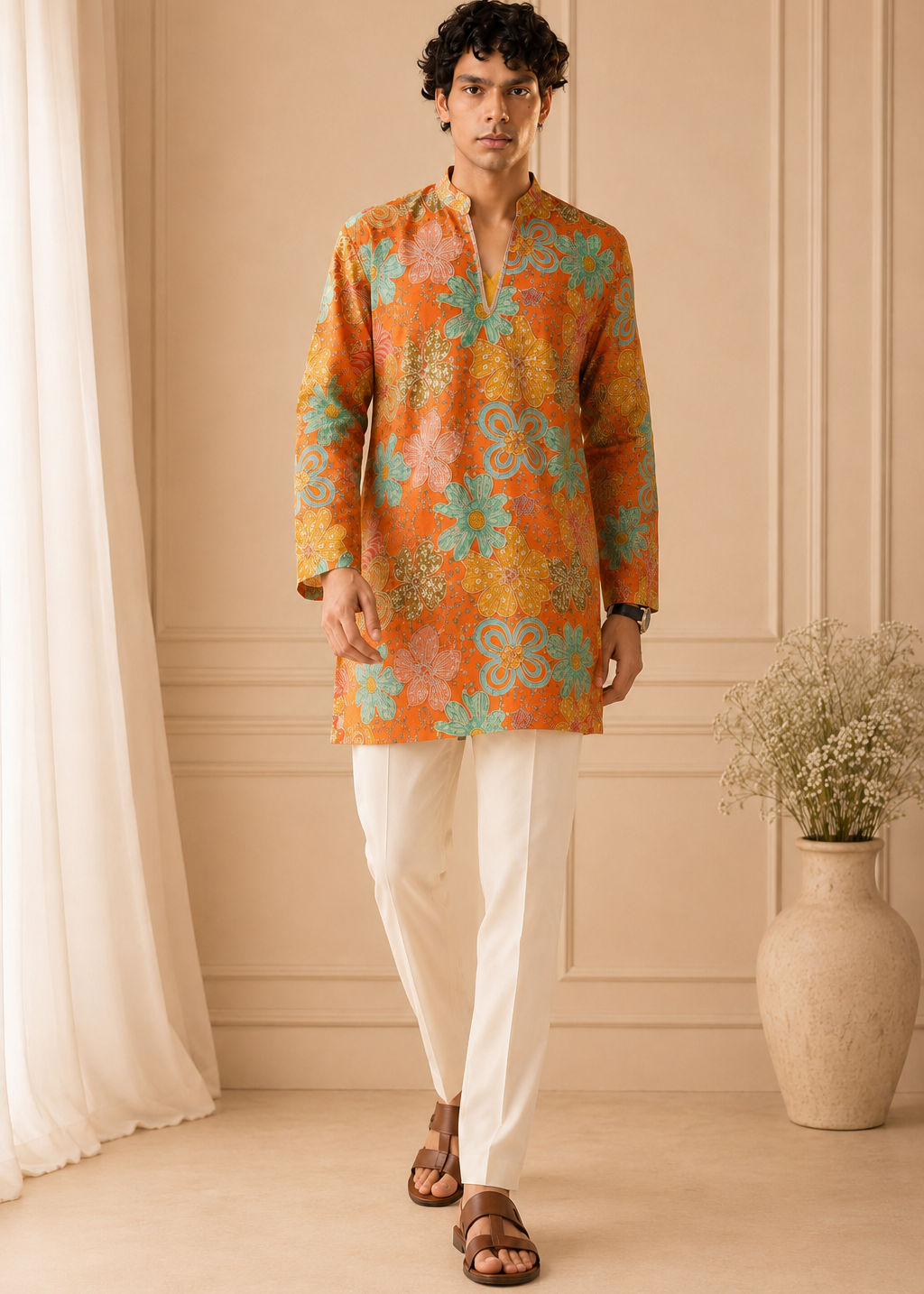 Men Orange Multicolor Floral Kurta Trouser Set