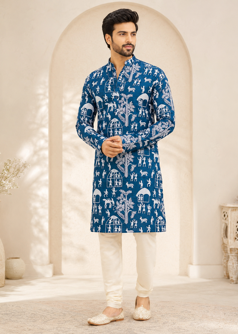 Men Blue Warli Print Men’s Kurta with White Pyjama
