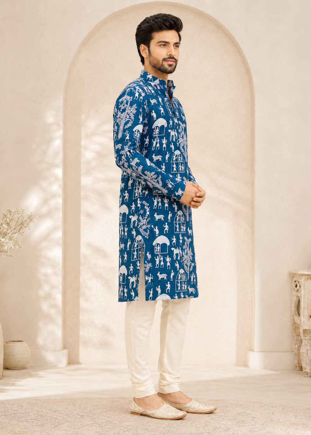 Men Blue Warli Print Men’s Kurta with White Pyjama