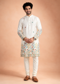 Men Ivory Floral Embroidered Kurta with Cream Trouser