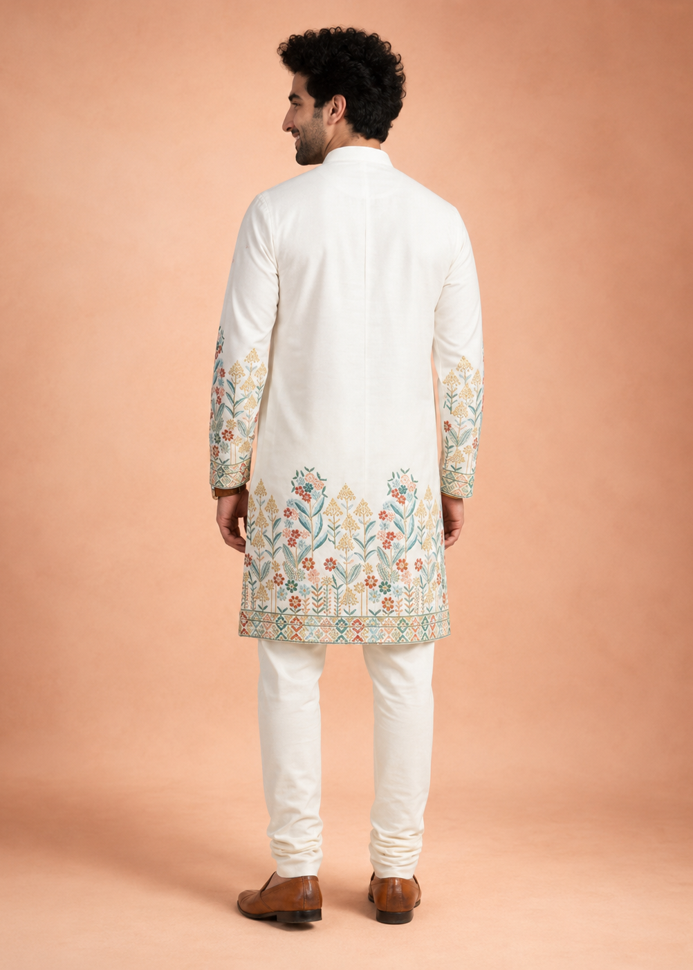 Men Ivory Floral Embroidered Kurta with Cream Trouser