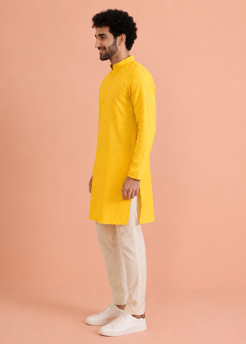 Sunshine Yellow Cotton Kurta with Cream Trouser Set