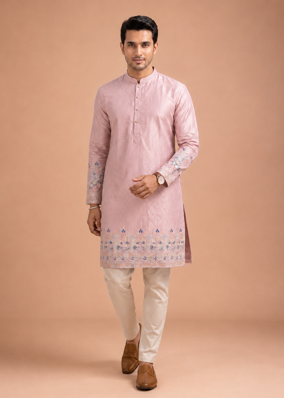 Pastel Pink Embroidered Kurta Set for Men