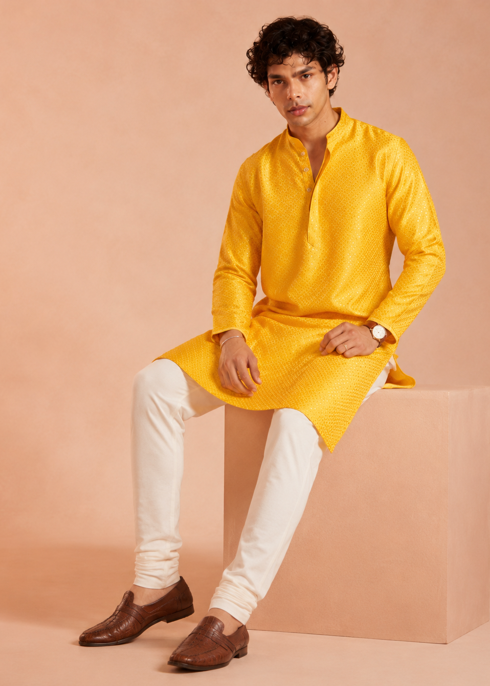 Men’s Yellow Jacquard Silk Kurta with Trouser Set