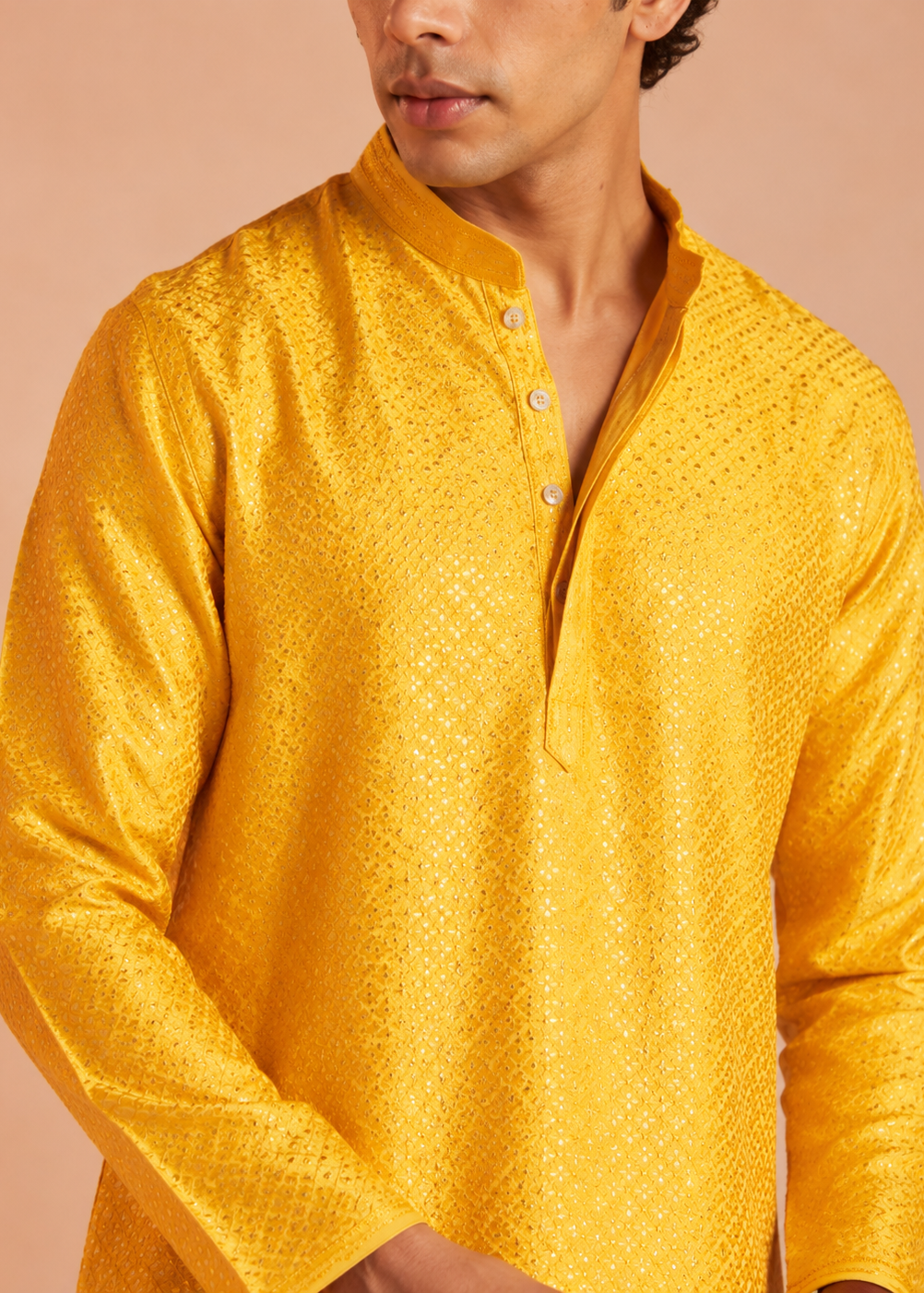 Men’s Yellow Jacquard Silk Kurta with Trouser Set