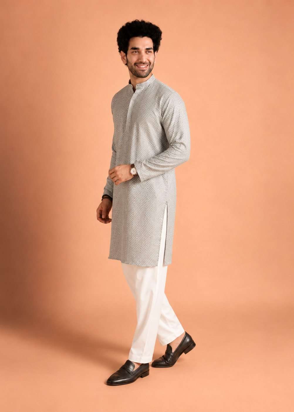 Men’s Silver Grey Textured Jacquard Kurta Trouser Set