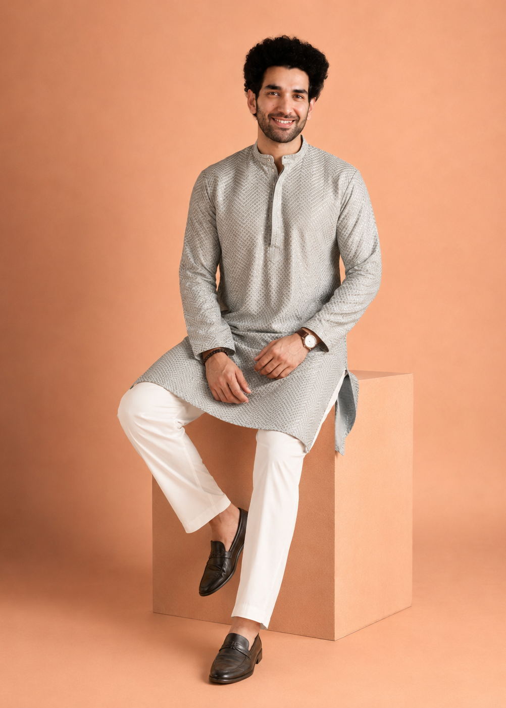 Men’s Silver Grey Textured Jacquard Kurta Trouser Set
