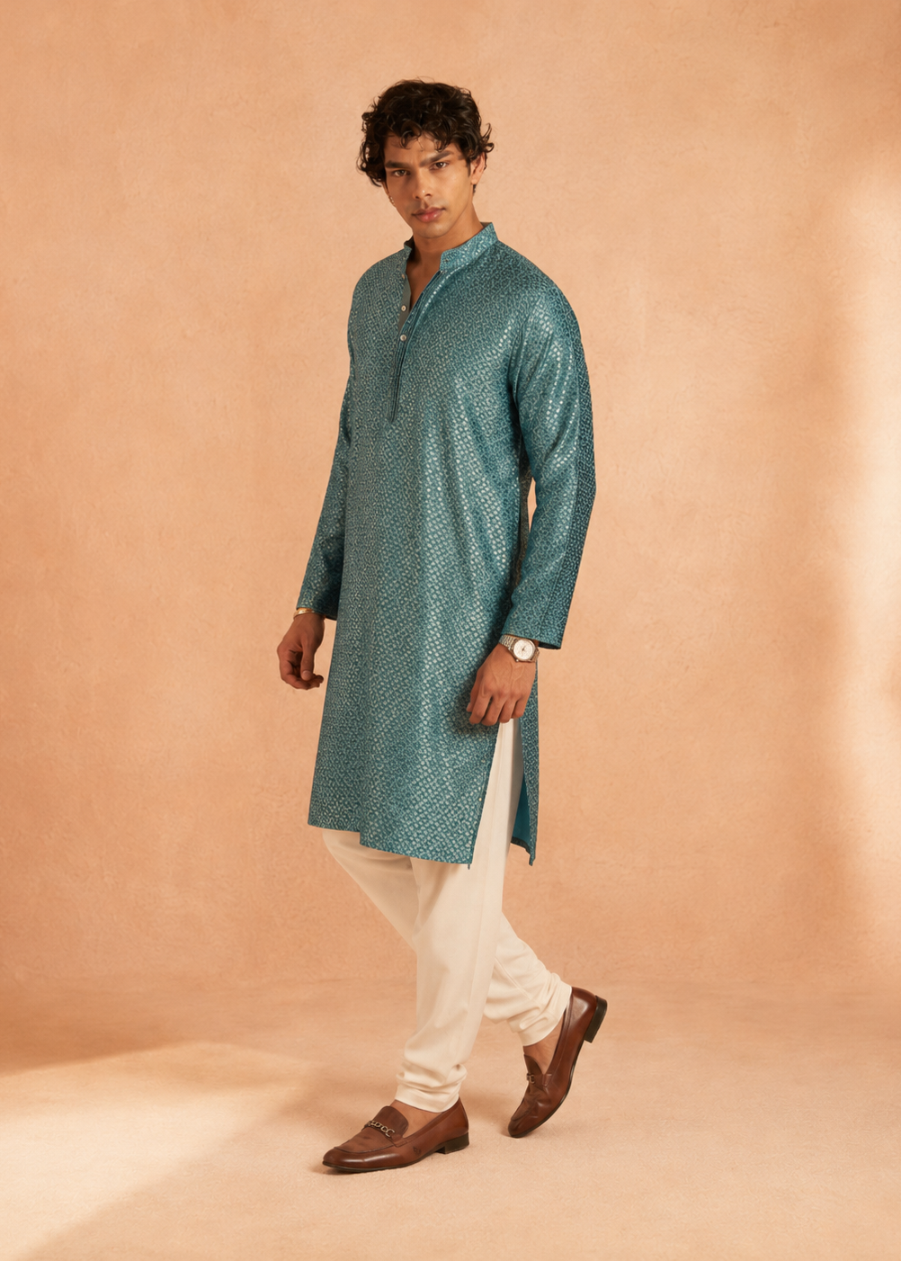 Teal Blue Textured Jacquard Kurta Trouer Set