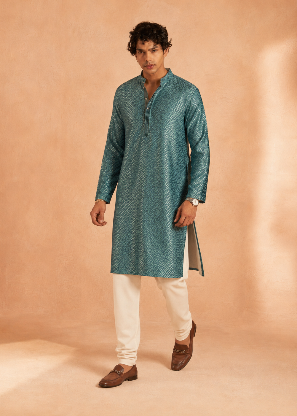 Teal Blue Textured Jacquard Kurta Trouer Set