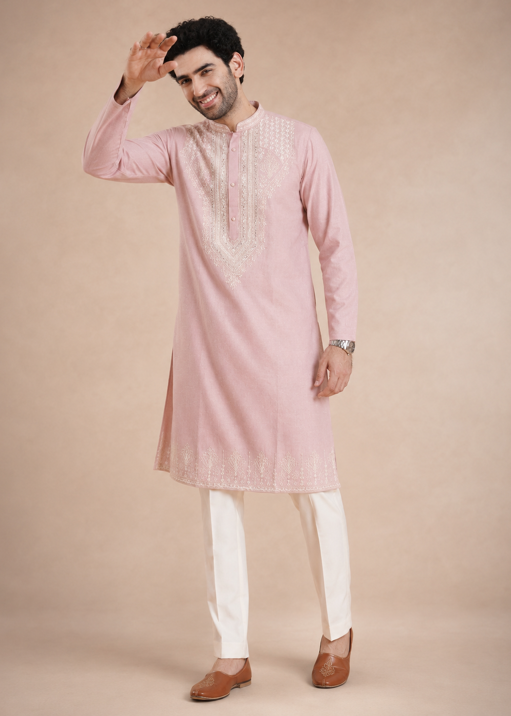 Light Pink Embroidered Men’s Kurta with Polo Pant Set