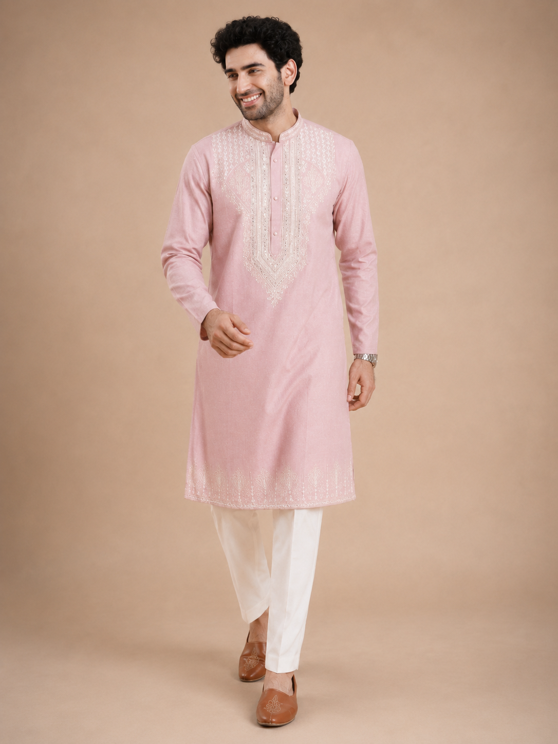 Light Pink Embroidered Men’s Kurta with Polo Pant Set