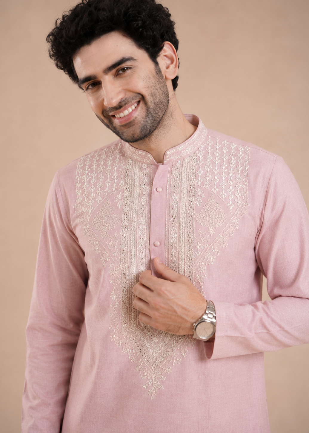 Light Pink Embroidered Men’s Kurta with Polo Pant Set
