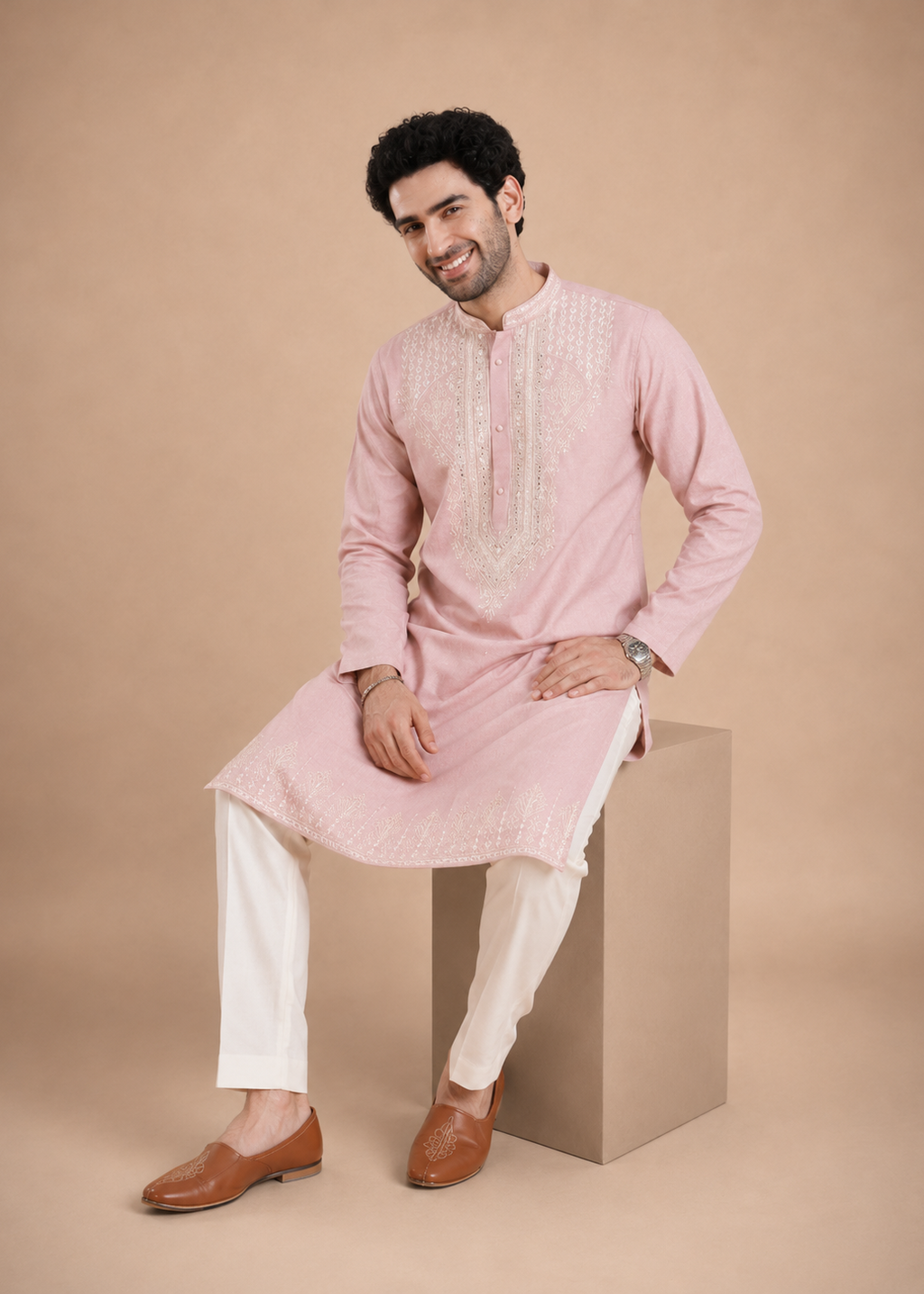 Light Pink Embroidered Men’s Kurta with Polo Pant Set