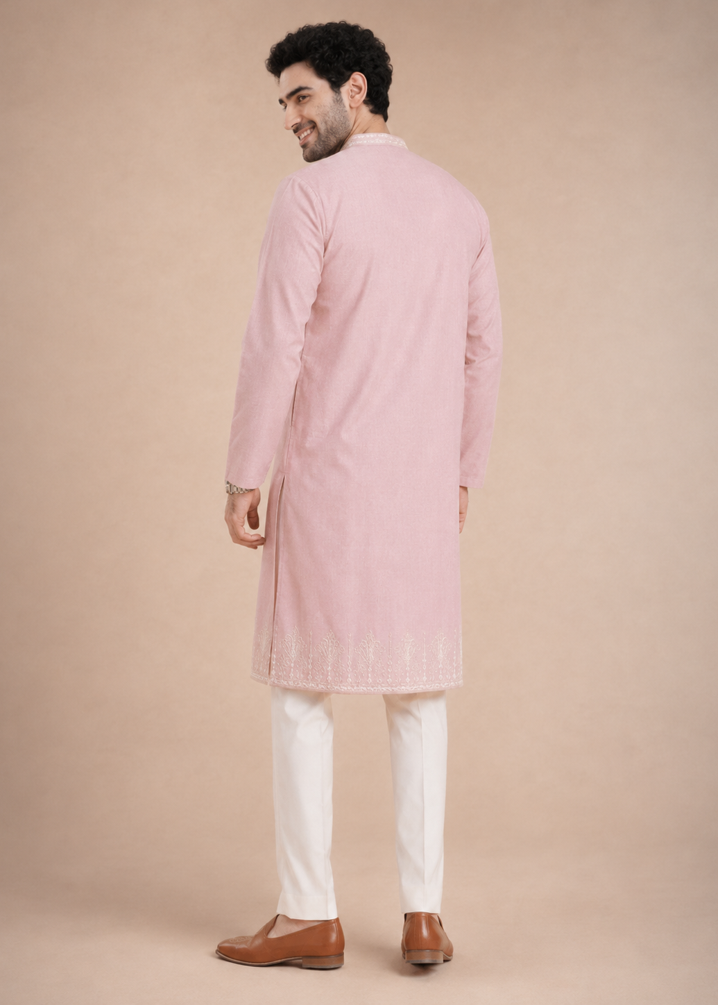 Light Pink Embroidered Men’s Kurta with Polo Pant Set