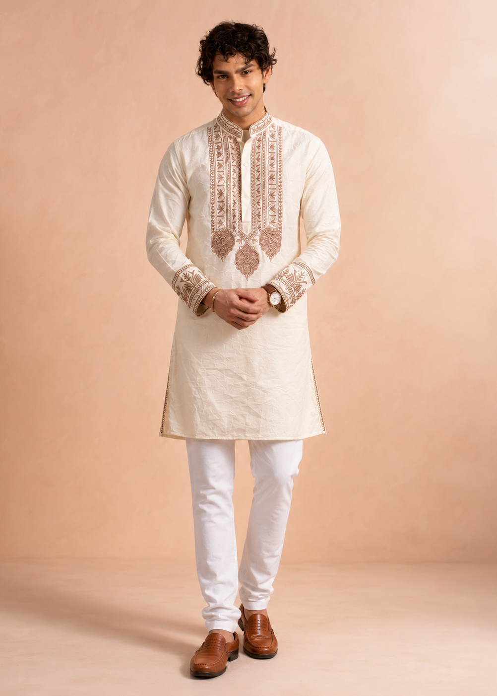 Ivory Cream Embroidered Kurta with Pant Set