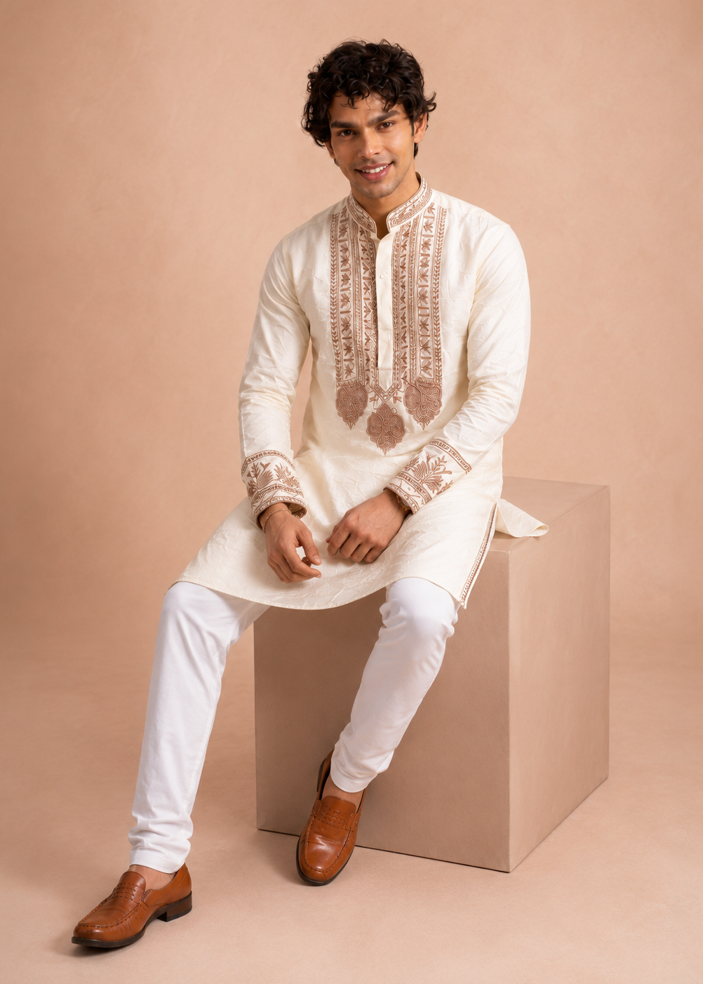 Ivory Cream Embroidered Kurta with Pant Set