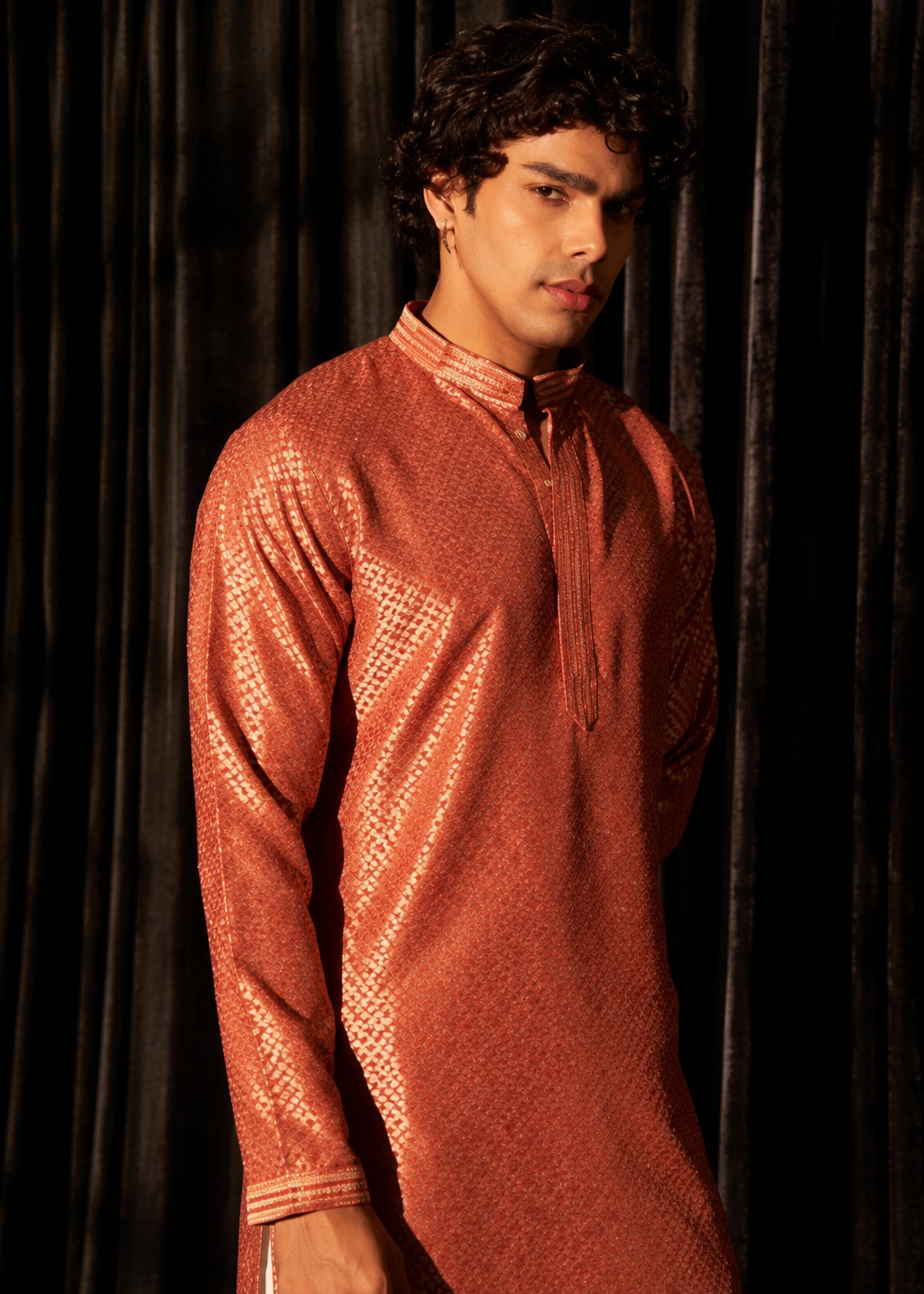 Men Copper Luxe Jacquard Kurta with Trouser Set