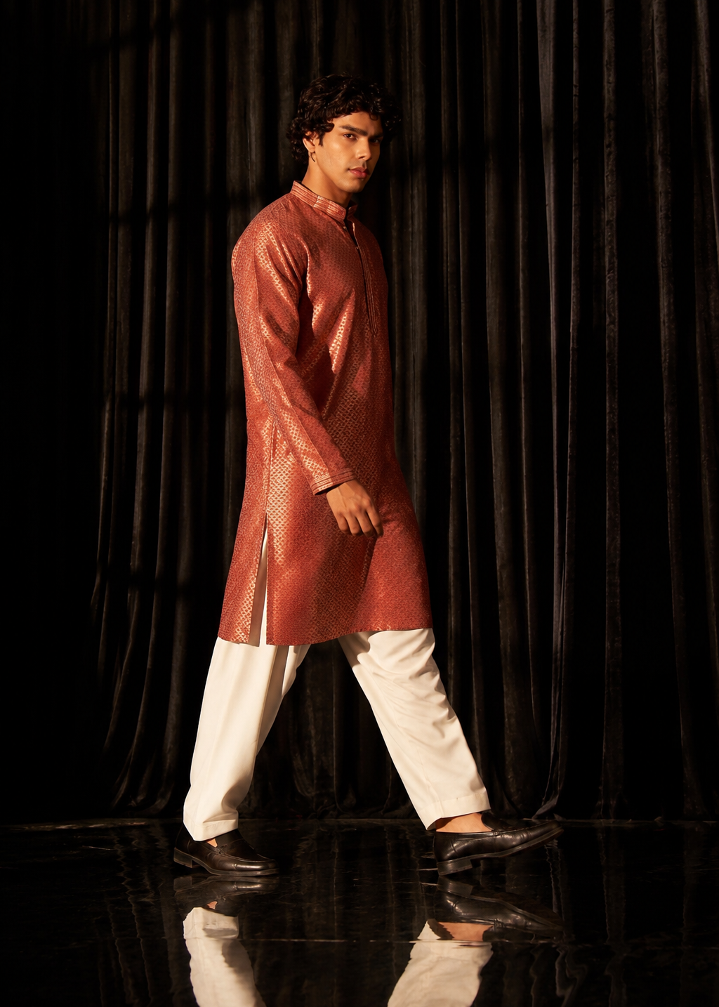 Men Copper Luxe Jacquard Kurta with Trouser Set