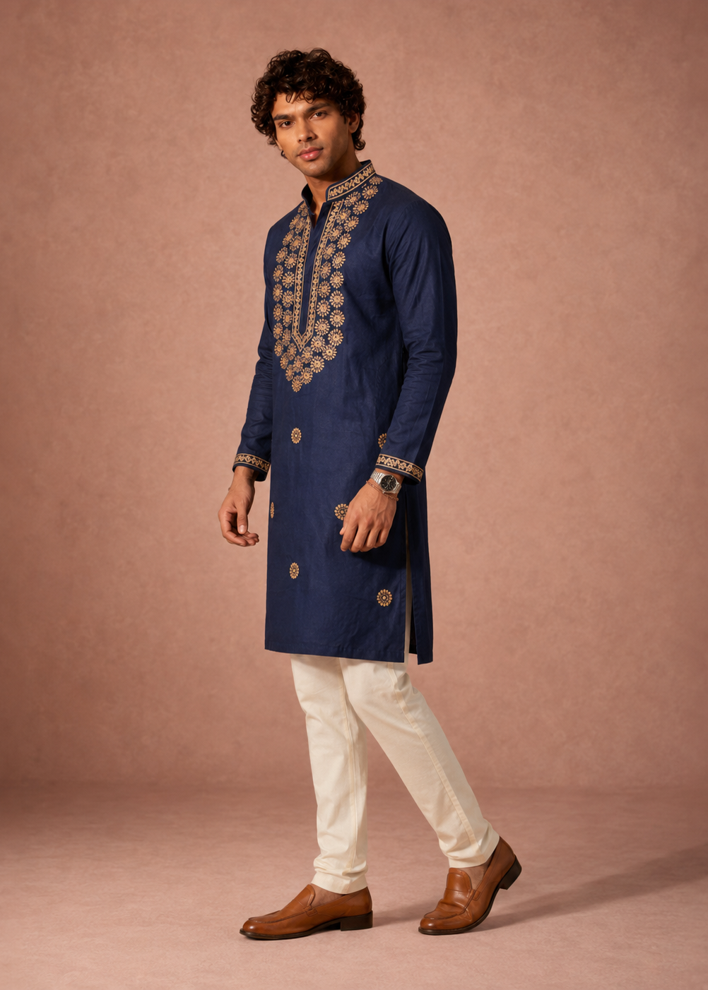 Men Navy Blue Embroidered Kurta Set with Cream Churidar