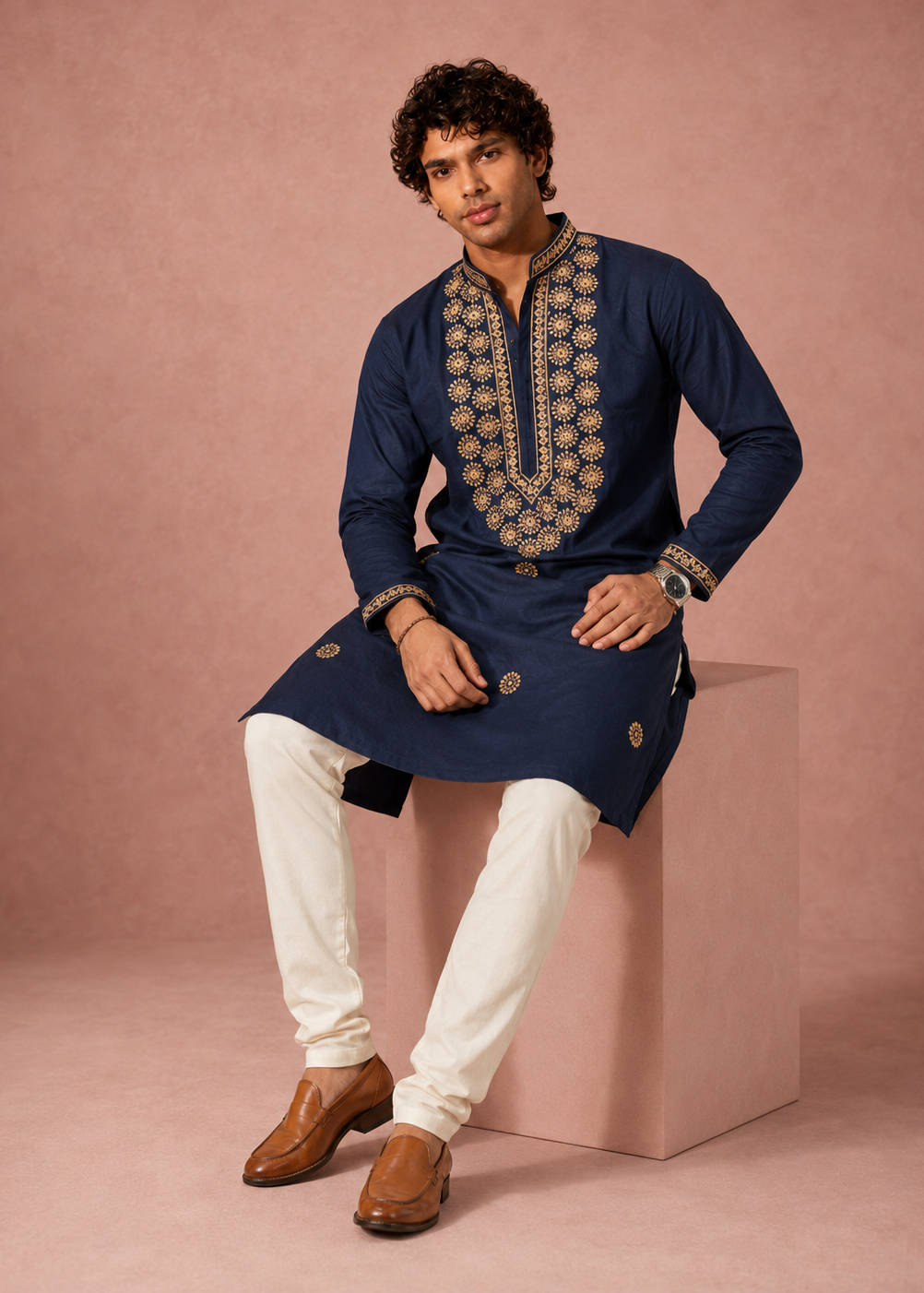 Men Navy Blue Embroidered Kurta Set with Cream Churidar