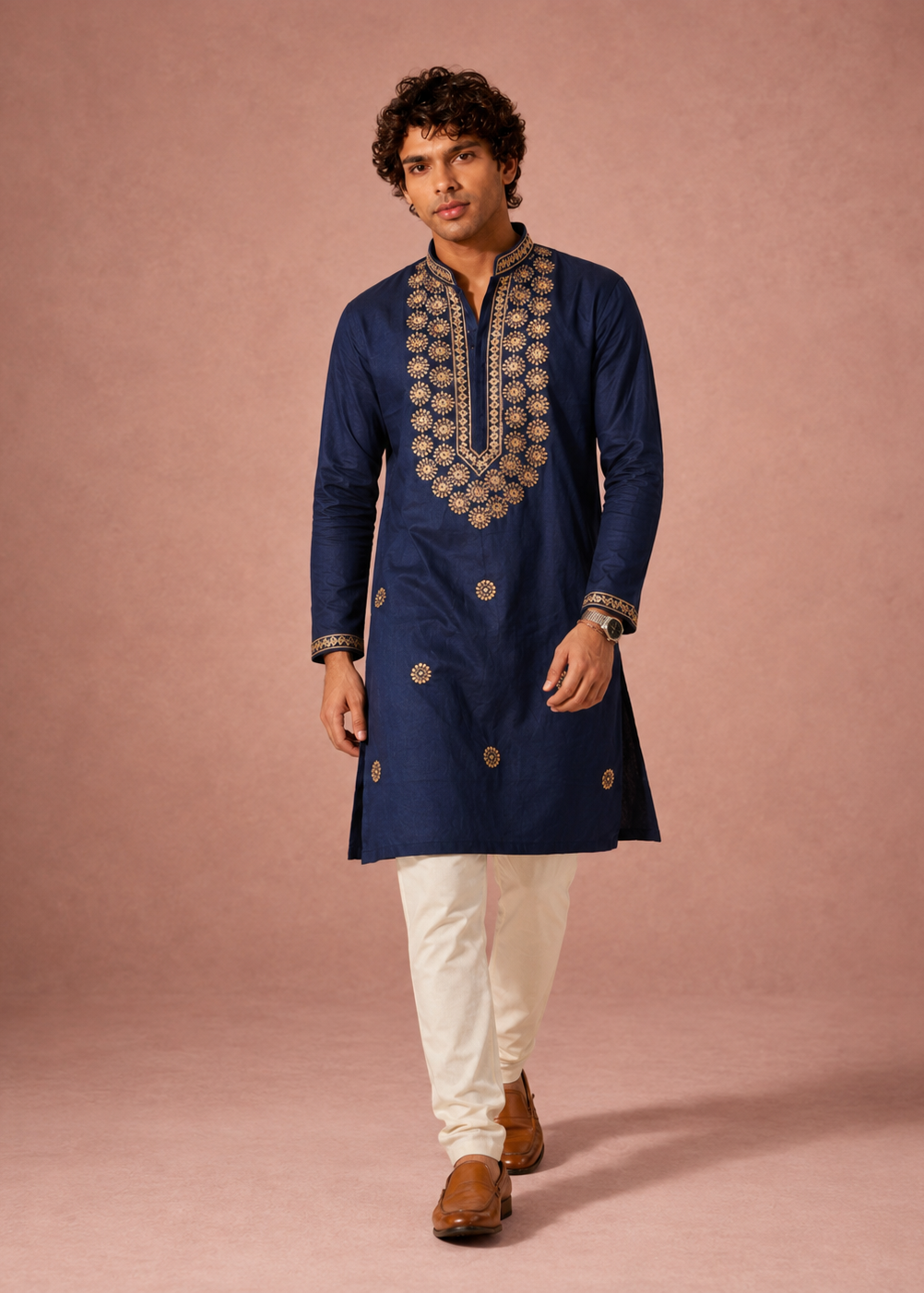 Men Navy Blue Embroidered Kurta Set with Cream Churidar