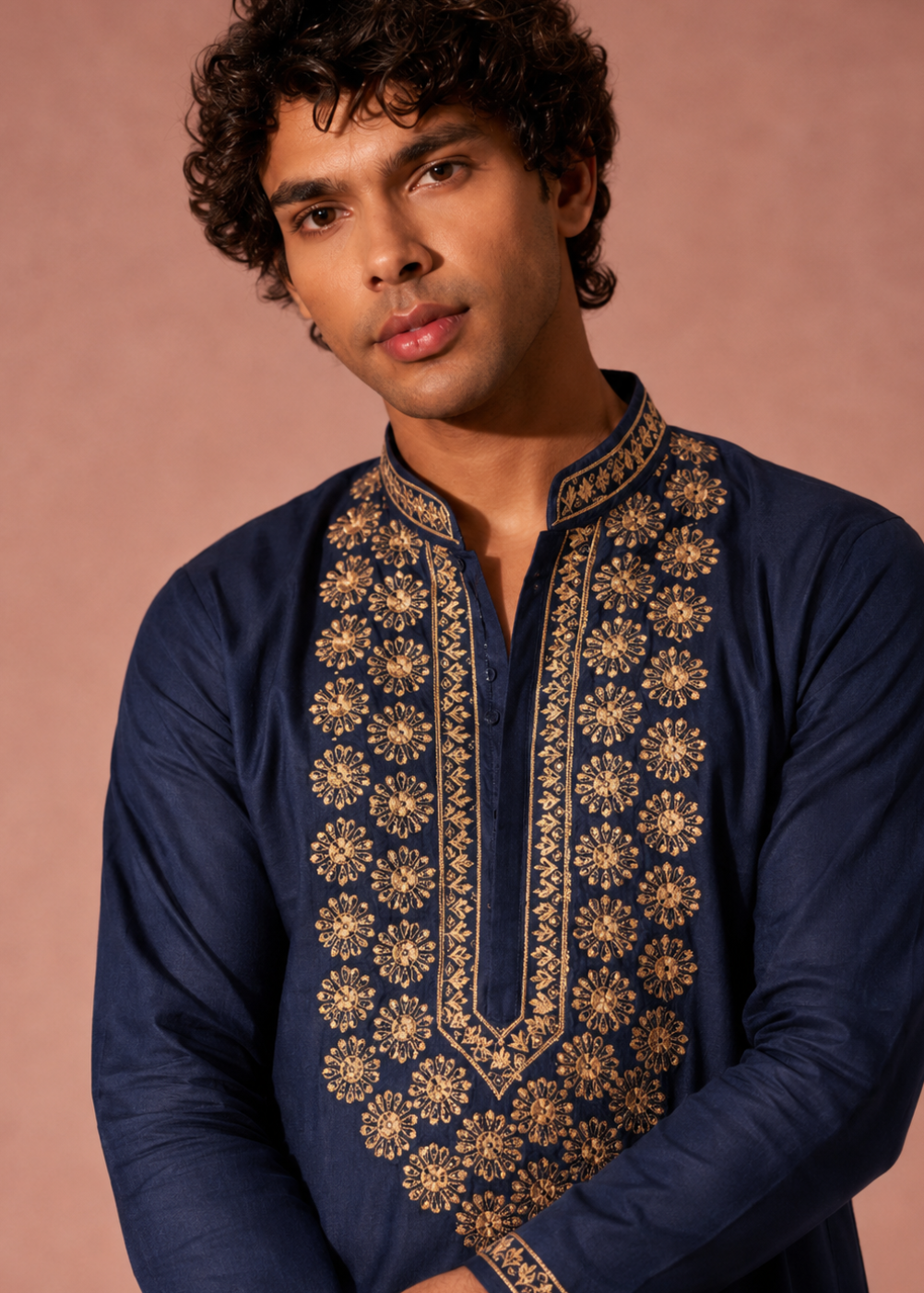 Men Navy Blue Embroidered Kurta Set with Cream Churidar