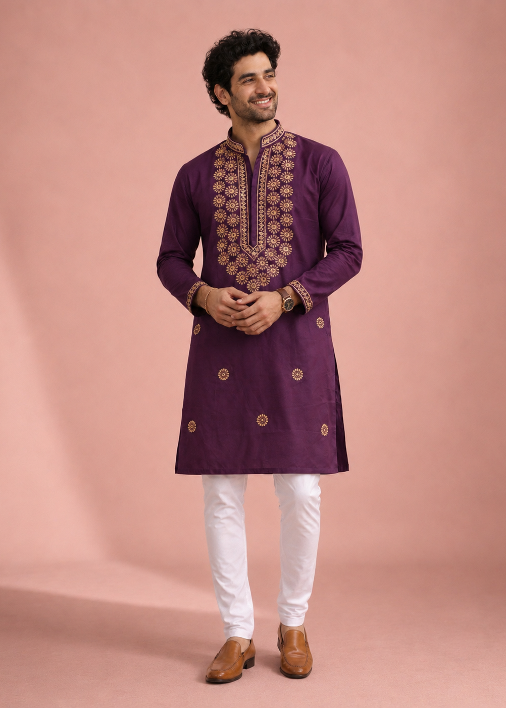 Men Plum Purple Embroidered Kurta Set with White Pant