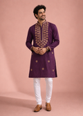 Men Plum Purple Embroidered Kurta Set with White Pant