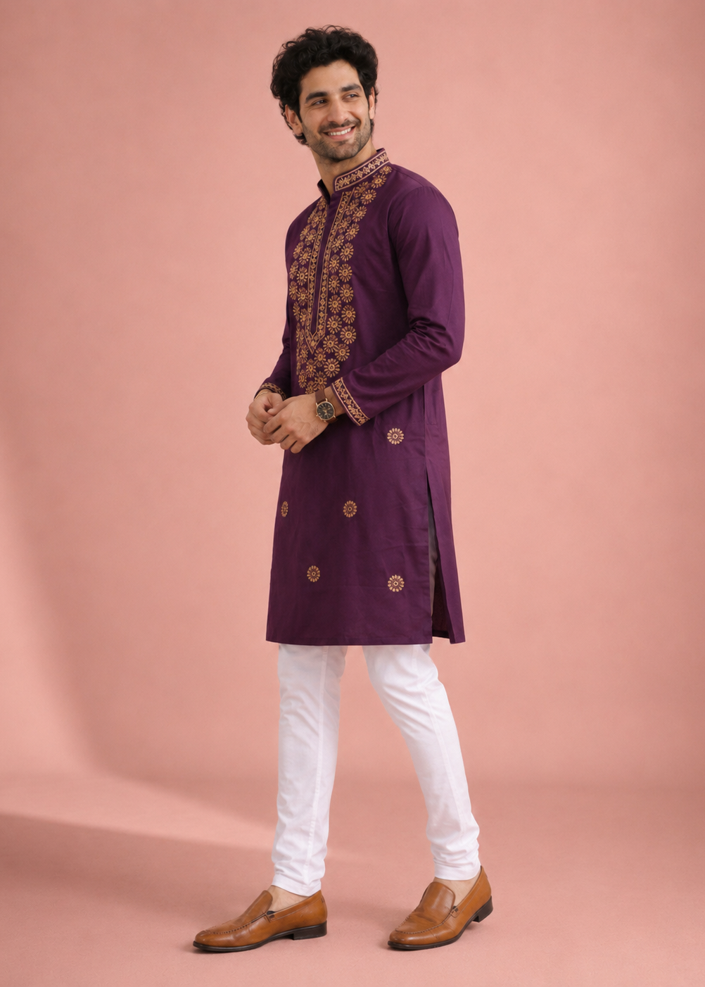 Men Plum Purple Embroidered Kurta Set with White Pant