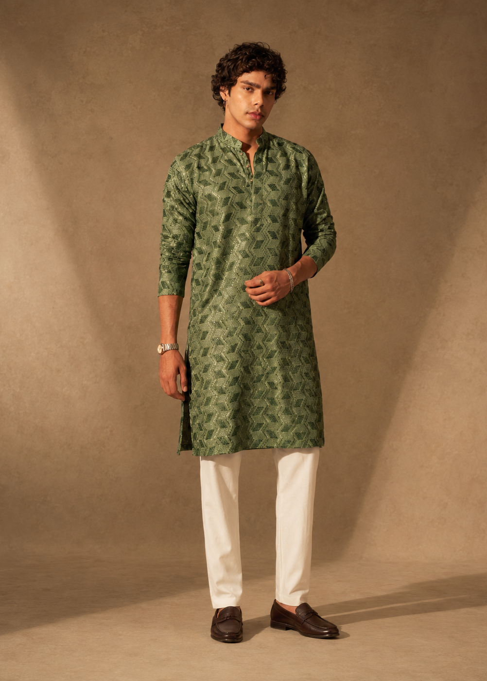 Men’s Olive Green Geometric Jacquard Kurta with White Trousers