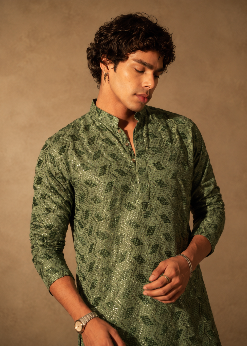 Men’s Olive Green Geometric Jacquard Kurta with White Trousers