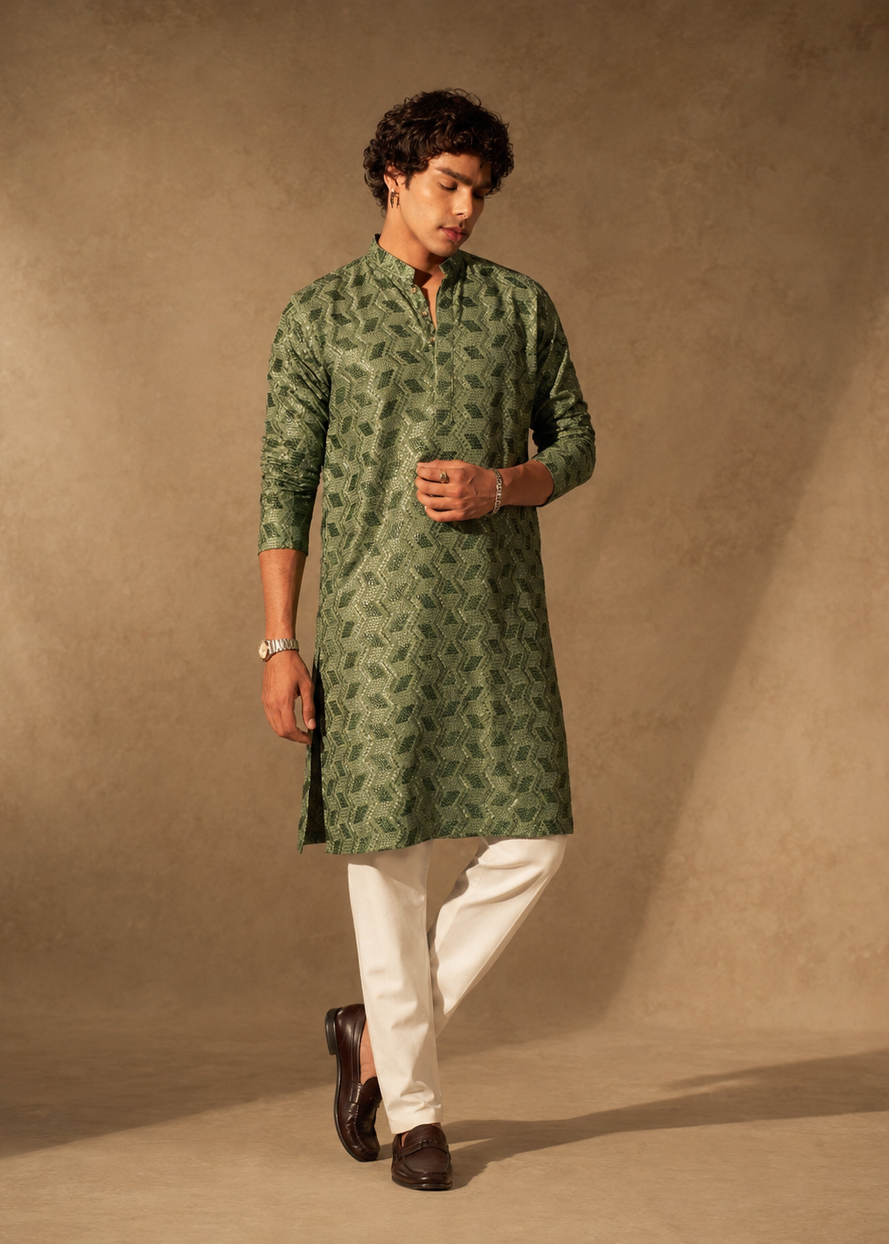 Men’s Olive Green Geometric Jacquard Kurta with White Trousers