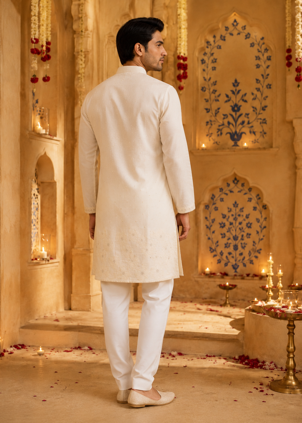Men White Cream Embroidered  Festive Kurta Trouser Set